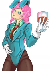 Size: 1280x1833 | Tagged: safe, artist:jennobasilicum, character:fluttershy, species:human, bunny ears, clothing, digital art, female, glass, humanized, simple background, smiling, solo, wine glass