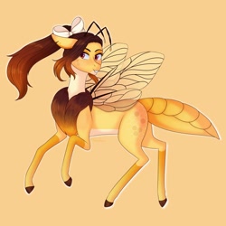 Size: 1280x1280 | Tagged: safe, artist:moonwolf96, oc, oc:kloh, bee pony, female, original species, simple background, solo, yellow background