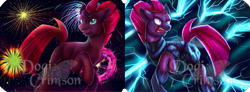 Size: 1535x566 | Tagged: safe, artist:dogi-crimson, character:fizzlepop berrytwist, character:tempest shadow, species:pony, species:unicorn, my little pony: the movie (2017), broken horn, duality, ear fluff, electricity, electricity magic, female, fireworks, horn, mare, open mouth, solo