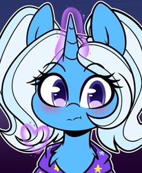 Size: 1690x2048 | Tagged: safe, artist:sakukitty, character:trixie, species:pony, species:unicorn, :t, babysitter trixie, blushing, bust, chest fluff, clothing, cute, diatrixes, female, gameloft interpretation, heart, hoodie, magic, mare, outline, portrait, solo, white outline