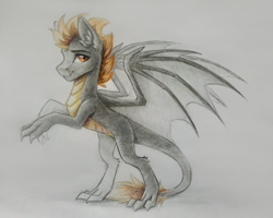 Size: 3786x3024 | Tagged: safe, artist:dark lightning, oc, oc only, species:dracony, species:dragon, species:pony, hybrid, leonine tail, male, photo, rearing, simple background, traditional art