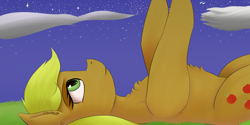 Size: 1600x800 | Tagged: safe, artist:guatergau5, character:applejack, species:earth pony, species:pony, chest fluff, looking at each other, on back