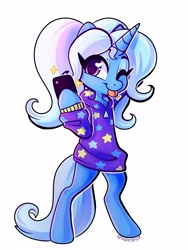 Size: 2400x3200 | Tagged: safe, artist:spindlespice, gameloft, character:trixie, species:pony, species:unicorn, alternate hairstyle, babysitter trixie, bipedal, blep, cellphone, clothing, cute, diatrixes, female, gameloft interpretation, heart eyes, high res, hoodie, hoof hold, mare, one eye closed, phone, pigtails, semi-anthro, simple background, smiling, solo, tongue out, white background, wingding eyes, wink