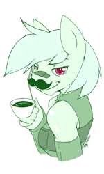 Size: 768x1280 | Tagged: safe, artist:tea-redrex, oc, oc only, oc:bandaid, species:earth pony, species:pony, bandaid, bust, clothing, cup, earth pony oc, fake moustache, female, food, limited palette, red eyes, signature, simple background, smiling, solo, tea, teacup, white background