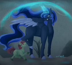 Size: 2200x2000 | Tagged: safe, artist:shirofluff, species:alicorn, species:pony, fallout equestria, artificial alicorn, blue, blue alicorn (fo:e), child, colt, cute, digital art, digital painting, fallout, fallout alicorns, finished, foe, goddess, green, male, orphan, puddle, rain, red, shield, the goddess, unity, wasteland
