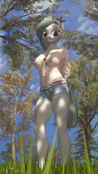 Size: 2160x3840 | Tagged: safe, artist:epsilonwolf, character:marble pie, species:anthro, species:plantigrade anthro, 3d, clothing, cute, female, floral head wreath, flower, grass, hands behind back, jeans, looking at you, meadow, nexgen, pants, shirt, shorts, smiling at you, solo, source filmmaker, summer, sunglasses, tree