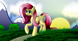 Size: 4096x2160 | Tagged: safe, artist:darbedarmoc, character:fluttershy, species:pegasus, species:pony, female, grass, mountain, path, sky, solo, sunrise, tree