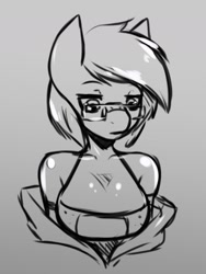 Size: 1190x1585 | Tagged: safe, artist:tea-redrex, oc, oc only, oc:bandaid, species:anthro, species:earth pony, species:pony, bra, bust, clothing, earth pony oc, female, glasses, lineart, monochrome, solo, underwear