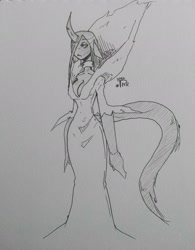 Size: 1600x2048 | Tagged: safe, artist:tea-redrex, oc, oc only, species:anthro, changeling queen, changeling queen oc, clothing, curved horn, dress, horn, leonine tail, lineart, monochrome, signature, traditional art