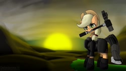 Size: 1280x720 | Tagged: safe, artist:darbedarmoc, character:applejack, species:pony, fallout equestria, armor, female, hammer, mountain, solo, steel ranger, sunrise, wasteland