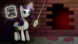 Size: 1920x1080 | Tagged: safe, artist:darbedarmoc, character:rarity, species:pony, species:unicorn, fallout equestria, black book, book, brick, brick wall, female, solo, sword, wasteland, weapon