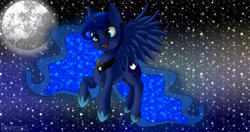 Size: 4096x2160 | Tagged: safe, artist:darbedarmoc, character:princess luna, species:alicorn, species:pony, fangs, female, moon, royalty, solo, space