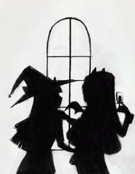Size: 1645x2114 | Tagged: safe, artist:vilkadvanoli, character:rarity, character:twilight sparkle, ship:rarilight, my little pony:equestria girls, alternate universe, clothing, female, glass, hat, lesbian, monochrome, shipping, silhouette, vampire, window, wine glass, witch, witch hat
