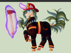 Size: 665x493 | Tagged: safe, artist:shirofluff, oc, oc only, oc:fire cracker, oc:scorcher, species:pony, species:unicorn, fallout equestria, axe, canterlot ghoul, clothing, colored hooves, firefighter, ghoul, glowing horn, goggles, hat, horn, magic, magic aura, raised hoof, telekinesis, undead, unicorn oc, weapon