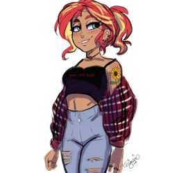 Size: 1280x1290 | Tagged: safe, artist:ask-sunpie, artist:wimsie, character:sunset shimmer, species:human, belly button, clothing, ear piercing, earring, female, flower, geode of empathy, human coloration, humanized, jacket, jeans, jewelry, magical geodes, midriff, necklace, nose piercing, pants, piercing, ring, ripped jeans, solo, sports bra, sunflower, tank top, tattoo, text, tumblr:ask sunpie