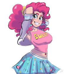 Size: 1280x1290 | Tagged: safe, artist:ask-sunpie, artist:wimsie, character:pinkie pie, species:human, armpits, breasts, busty pinkie pie, clothing, cute, diapinkes, female, human coloration, humanized, jacket, lips, ponytail, scrunchie, shirt, simple background, skirt, sleeveless, sleeveless shirt, smiling, solo, tank top, teeth, text, tumblr:ask sunpie, white background