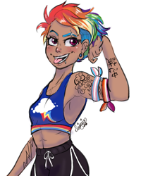 Size: 564x705 | Tagged: safe, artist:ask-sunpie, artist:wimsie, character:rainbow dash, species:human, abs, armpits, clothing, cutie mark, cutie mark on clothes, dark skin, ear piercing, female, flexing, gym shorts, headcanon, human coloration, humanized, lesbian pride flag, lgbt headcanon, piercing, pink eyes, pride, pride flag, scar, sexuality headcanon, shorts, simple background, solo, sports bra, tank top, tattoo, tomboy, tongue out, transgender pride flag, tumblr:ask sunpie, white background
