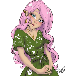 Size: 1280x1290 | Tagged: safe, artist:ask-sunpie, artist:wimsie, character:fluttershy, species:human, clothing, dress, ear piercing, earring, female, floral print, human coloration, humanized, jewelry, necklace, piercing, simple background, solo, tumblr:ask sunpie, white background