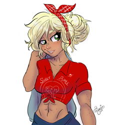 Size: 1280x1290 | Tagged: safe, artist:ask-sunpie, artist:wimsie, character:applejack, species:human, abs, bandana, belly button, breasts, busty applejack, chest freckles, female, freckles, front knot midriff, humanized, midriff, pin, solo, tanned, tumblr:ask sunpie