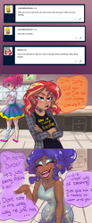 Size: 1280x3120 | Tagged: safe, artist:ask-sunpie, artist:wimsie, character:pinkie pie, character:rarity, character:sunset shimmer, species:human, ask, blouse, clothing, comic, crossed arms, dress, eyes closed, human coloration, humanized, jacket, jewelry, necklace, shirt, shoes, skirt, socks, tumblr:ask sunpie, vulgar
