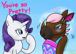 Size: 1340x953 | Tagged: safe, artist:wakyaot34, character:rarity, species:anthro, species:pony, species:unicorn, animal crossing, animal crossing: new horizons, blushing, clothing, crossover, crossover shipping, dialogue, dress, ear piercing, earring, english, horse, horse-pony interaction, jewelry, piercing, reneigh, shipping, sparkles