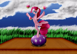 Size: 3096x2160 | Tagged: safe, artist:darbedarmoc, character:pinkie pie, species:earth pony, species:pony, balancing, ball, belly button, bipedal, chest fluff, cloud, cupcake, featureless crotch, female, food, grass, juggler, juggling, scene interpretation, sky, solo