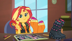 Size: 1024x581 | Tagged: safe, artist:jrshinkansenhorse, edit, edited screencap, screencap, character:sunset shimmer, episode:super squad goals, g4, my little pony: equestria girls, my little pony:equestria girls, best pony, boots, clothing, comic book, desk, feet, feet on table, geode of empathy, magical geodes, pencil, shoes, socks, sunset shimmer is best pony, window