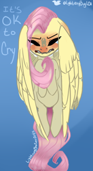 Size: 658x1200 | Tagged: safe, artist:lightningchaserarts, character:fluttershy, species:pegasus, species:pony, 30 minute art challenge, blushing, crying, distressed, guard, hurting, injured, learning, lesson, protect, simple background
