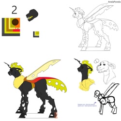 Size: 1280x1280 | Tagged: safe, artist:anelaponela, oc, species:changeling, changeling queen, changeling queen oc, female, redesign, reference sheet, yellow changeling