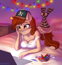 Size: 1900x2000 | Tagged: safe, artist:hakaina, oc, oc only, oc:vanilla creame, species:anthro, species:pegasus, species:pony, baseball cap, bed, breasts, candy, cap, clothing, computer, dim room, female, food, hat, laptop computer, oakland athletics, relaxing, socks, solo, striped socks, tank top