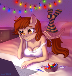 Size: 1900x2000 | Tagged: safe, alternate version, artist:hakaina, oc, oc only, oc:vanilla creame, species:anthro, species:pegasus, species:pony, bed, candy, clothing, computer, dim room, drawer, food, laptop computer, lights, relaxing, socks, striped socks