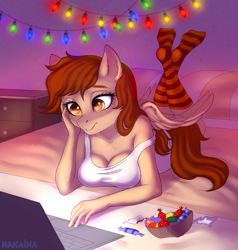 Size: 1900x2000 | Tagged: safe, artist:hakaina, oc, oc only, oc:vanilla creame, species:anthro, species:pegasus, species:pony, bed, bowl, candy, clothing, computer, dim room, drawer, food, laptop computer, lights, lying on bed, on bed, relaxing, socks, striped socks