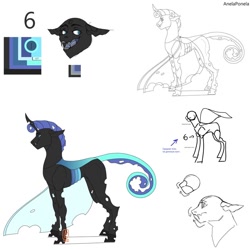 Size: 1024x1024 | Tagged: safe, artist:anelaponela, oc, species:changeling, blue changeling, changeling queen, changeling queen oc, female, redesign, reference sheet