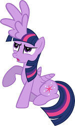 Size: 1886x3144 | Tagged: safe, artist:crunchnugget, character:twilight sparkle, character:twilight sparkle (alicorn), species:alicorn, species:pony, alicorn drama, alicron, body part swap, confused, female, looking up, open mouth, raised hoof, reverse alicorn, sitting, solo, wat, what has magic done, wtf