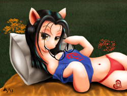 Size: 1024x768 | Tagged: safe, artist:a8702131, baroness, bedroom eyes, clothing, cobra, crossover, g.i. joe, glasses, panties, pillow, ponified, t-shirt, underwear