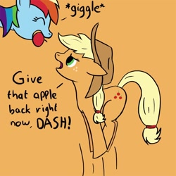 Size: 750x750 | Tagged: safe, artist:smockhobbes, character:applejack, character:rainbow dash, apple, jumping