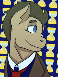 Size: 1200x1600 | Tagged: safe, artist:theedgyduck, character:doctor whooves, character:time turner, species:earth pony, species:pony, background pony, blue background, blue eyes, clothing, cutie mark background, doctor who, male, simple background, solo, stallion, suit, the doctor