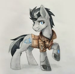 Size: 1454x1438 | Tagged: safe, artist:dark lightning, oc, oc only, species:earth pony, species:pony, clothing, jacket, leather jacket, photo, solo, traditional art