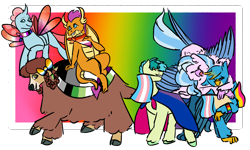 Size: 2362x1417 | Tagged: safe, artist:lieutenantcactus, character:gallus, character:ocellus, character:sandbar, character:silverstream, character:smolder, character:yona, species:changeling, species:classical hippogriff, species:dragon, species:earth pony, species:griffon, species:hippogriff, species:pony, species:reformed changeling, species:yak, bisexual pride flag, bow, cis, cloven hooves, colored hooves, cute, diaocelles, diastreamies, dragoness, female, gallabetes, hair bow, headcanon, headcanon in the description, implied smolcellus, jewelry, lgbt headcanon, male, monkey swings, mouth hold, necklace, pride, pride flag, rainbow background, sandabetes, sexuality headcanon, smolderbetes, student six, teenager, yonadorable