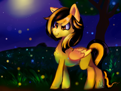 Size: 1400x1050 | Tagged: safe, artist:lightningchaserarts, oc, oc only, oc:lightningchaser, species:pegasus, species:pony, blank flank, female, field, filly, firefly, foal, insect, moon, night, silly filly, tree