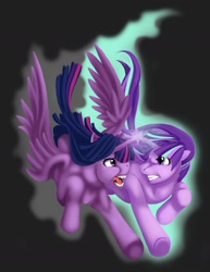 Size: 1280x1657 | Tagged: safe, artist:jennobasilicum, character:starlight glimmer, character:twilight sparkle, character:twilight sparkle (alicorn), species:alicorn, species:pony, species:unicorn, angry, black background, duo, female, fight, glowing horn, gritted teeth, horn, levitation, magic, mare, raised hoof, raised leg, self-levitation, simple background, telekinesis