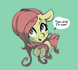 Size: 1018x909 | Tagged: safe, artist:nookprint, character:fluttershy, species:pony, blushing, bust, colored hooves, dialogue, eyebrows, eyebrows visible through hair, female, floppy ears, looking at you, mare, open mouth, playing with hair, portrait, simple background, smiling, solo, speech bubble, teal background