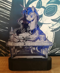 Size: 2768x3379 | Tagged: safe, artist:themisto97, character:princess luna, species:alicorn, species:pony, acrylic plastic, book, candle, charity auction, craft, engraving, female, lasercut, lunafest, mare, photo, reading, sitting, solo