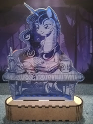Size: 2976x3968 | Tagged: safe, artist:themisto97, character:princess luna, species:alicorn, species:pony, acrylic plastic, book, candle, charity auction, craft, engraving, female, lasercut, lunafest, mare, photo, reading, sitting, solo