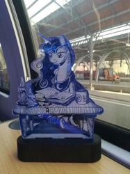 Size: 1024x1366 | Tagged: safe, artist:themisto97, character:princess luna, species:alicorn, species:pony, acrylic plastic, book, candle, charity auction, craft, engraving, female, lasercut, lunafest, mare, reading, sitting, solo, train, train station
