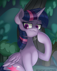Size: 700x872 | Tagged: safe, artist:pyropk, character:mean twilight sparkle, character:twilight sparkle, species:alicorn, species:pony, female, folded wings, forest, hoof on cheek, mare, solo, wings