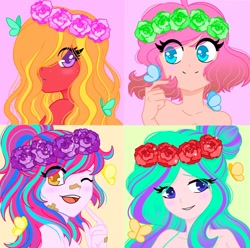 Size: 1920x1905 | Tagged: safe, artist:ocean-drop, oc, oc only, oc:crystal clear, oc:pebble pie, oc:radience, oc:sweetie pie, parent:big macintosh, parent:cheese sandwich, parent:marble pie, parent:pinkie pie, parent:princess cadance, parent:rarity, parent:shining armor, parent:spike, parents:cheesepie, parents:marblemac, parents:shiningcadance, parents:sparity, species:dracony, my little pony:equestria girls, butterfly, female, floral head wreath, flower, flower in hair, hybrid, interspecies offspring, offspring, smiling