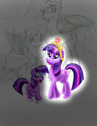Size: 2550x3300 | Tagged: safe, artist:jac59col, character:twilight sparkle, character:twilight sparkle (alicorn), species:alicorn, species:pony, episode:the last problem, g4, my little pony: friendship is magic, age progression, big crown thingy, clothing, coronation dress, dress, element of magic, female, filly, filly twilight sparkle, jewelry, multeity, princess twilight 2.0, regalia, sparkle sparkle sparkle, time paradox, wip, younger