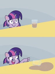 Size: 900x1200 | Tagged: safe, artist:crystalightrocket, character:twilight sparkle, species:pony, my little pony:pony life, chocolate, chocolate milk, comic, drink, even more pure unfiltered evil, everything is ruined, evil, exploitable meme, food, meme, milk, pure unfiltered evil, smiling, spill, spilled milk