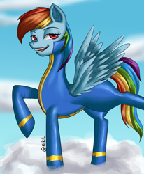 Size: 1240x1507 | Tagged: safe, artist:nire, character:rainbow dash, species:pegasus, species:pony, bedroom eyes, blurred background, bodysuit, clothing, ear fluff, female, looking at you, mare, smiling, smiling at you, solo, stretching, uniform, wings, wonderbolts uniform